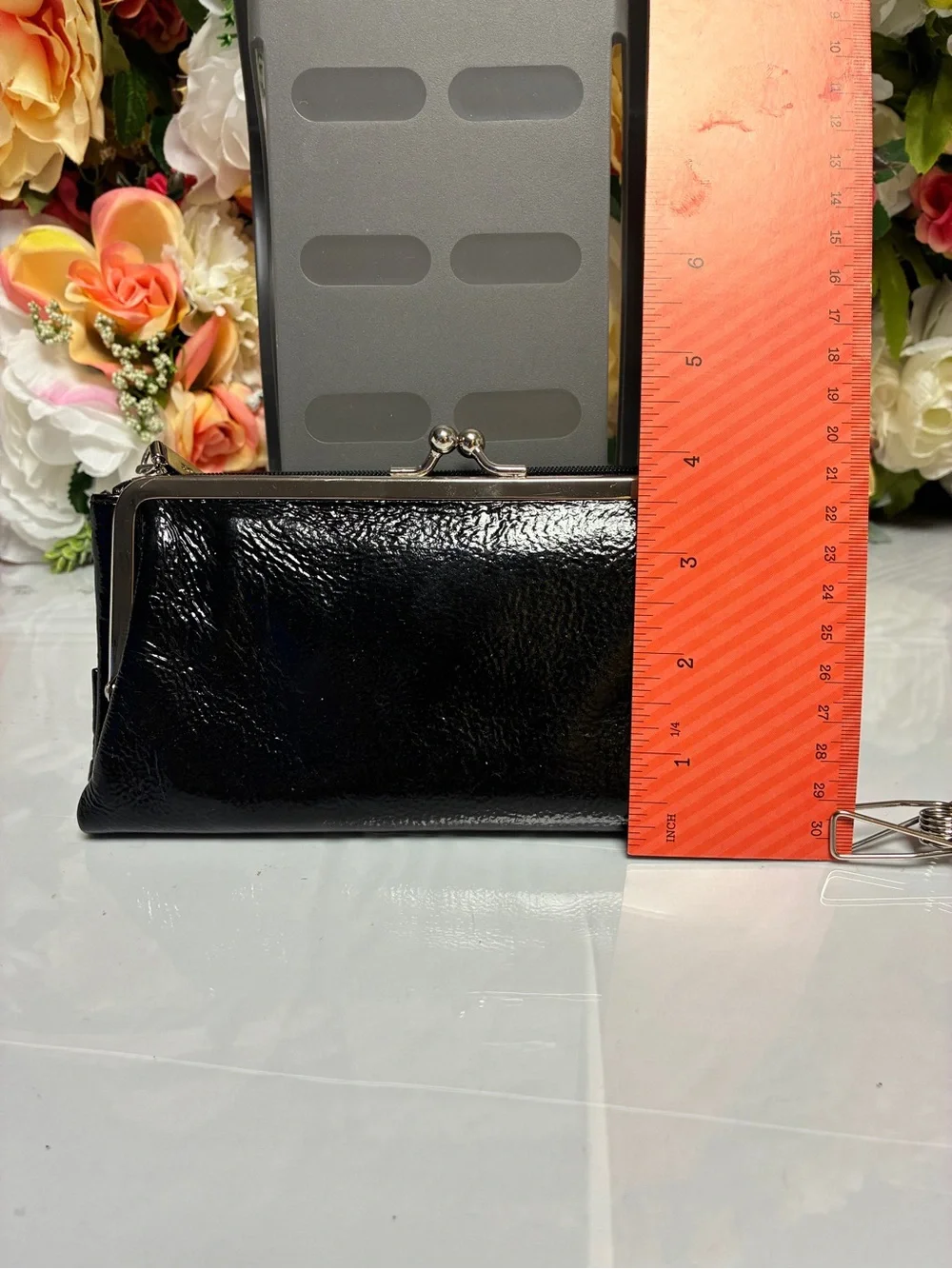HOBO International Black Patent Finish Bow Kiss Lock Continental Wallet Clutch